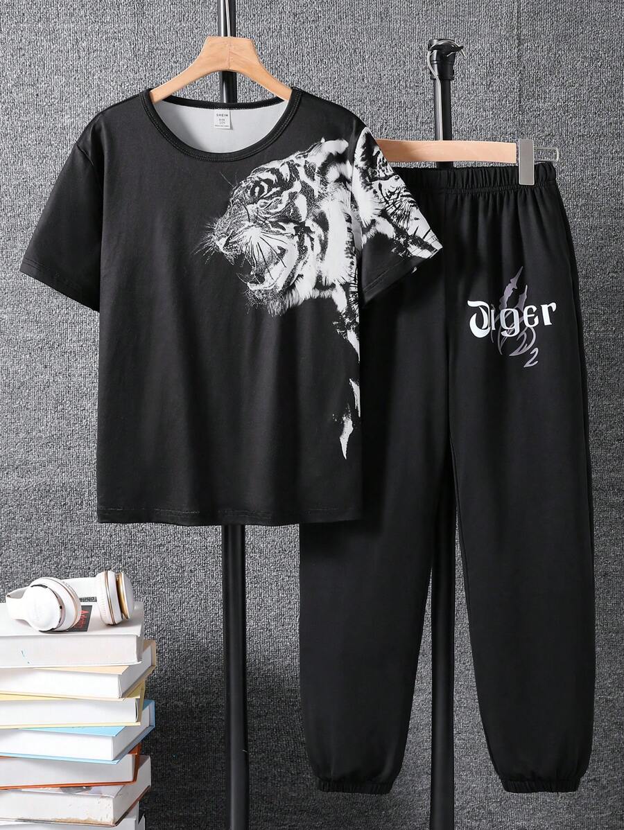 SHEIN 2件套青少年女孩虎纹圆领短袖T恤和长裤套装 - 黑色 - 查看 1