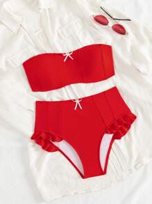 Swim Mod 2pcs Women Summer Beach Vacation Sweet Bowknot Ruffle Trim Bra Top & Shorts Red Bikini Set - Red - View 3