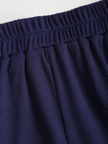 Sweetra 女士新款百搭休闲两件套，修身方领纽扣短袖上衣和松紧腰直筒裤 - 藏蓝色 - 查看 8