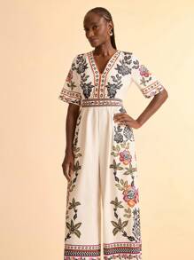 CAJUNI Damen lässiger V-Ausschnitt Jumpsuit mit Ananas, Päonie & tropischem Blume Muster, kurze Ärmel, elastischer Taille, weite Passform für Sommer Strand Urlaub