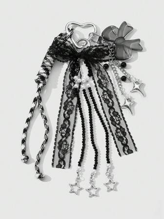 Kawaii 1 pièce Porte-clés/support de sac de style gothique fait main avec perles noires en cristal de verre, étoile creuse en acrylique, nœud en corde tressée. Accessoire élégant et à la mode convenant aux femmes, idée de cadeau.
