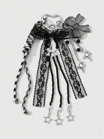 Kawaii 1pc Gothic Style Handmade Beaded Black Crystal Glass Beads, Hollow Star Acrylic Net Bow Braided Rope DIY Keychain/Bag Hanger, Fashionable & Elegant Accessory Suitable For Women, Gift, Halloween
