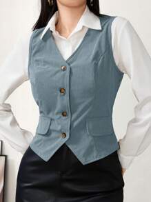 Modelyn Women's Solid Color Casual Corduroy Button Vest Jacket - Dusty Blue - View 1