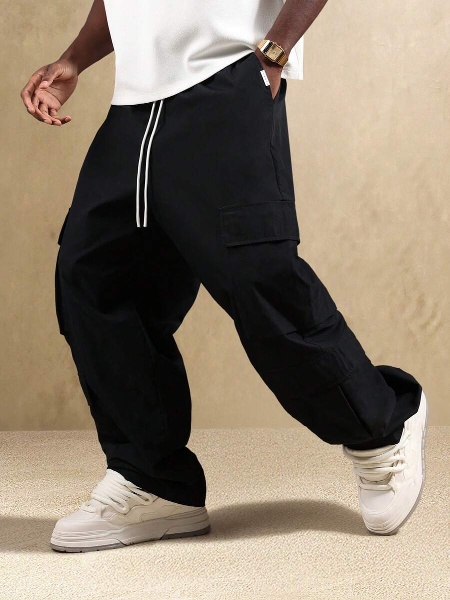 SUMWON 优质工装裤阔腿街头喇叭裤多口袋抽绳腰秋冬休闲裤 - 黑色 - 查看 1