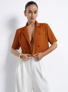 Aveloria Modichic Áo khoác vải kết cấu cao cấp thời trang tối giản sang trọng & tinh tế, cổ ve chéo sau lưng, áo khoác tay ngắn vừa vặn cho nữ - Màu Cam san hô - Xem 7