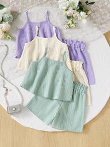 SHEIN Genkimix Kids 3pcs/Set Young GirlCasual Striped Textured Woven Double Layer Ruffle Camisole & Elastic Waist Ruffle Hem Shorts, Available In Beige, Green And Purple, Suitable For 4-7 Years Old Outdoor Sports & Casual Wear Summer Two Piece Set For Girls Girls Coord Sets Girl Short Sets With Tank Top Toddler Girl Summer Outfits Kids Summer Two Piece Set Summer Holiday