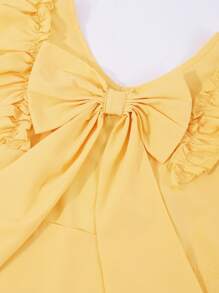 Older Girls' Summer Solid Color Casual V-Neck Ruffle Sleeve Back Hollow Design Detachable Bow Decor Blouse, Suitable For Daily Outings - Yellow - View 9