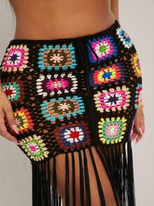 SHEIN SXY Falda de mujer talla grande de primavera y verano, elegante y sexy, de punto a ganchillo con cuadros multicolor y flecos extra largos, fluida y ceñida hasta la mitad, adecuada para uso diario, vestimenta occidental, Ibiza, Nashville, rave, modesta, atuendo de crucero, festival de música, concierto, fiesta de carnaval, vacaciones en la playa, cita, cumpleaños, despedida de soltera, club, linda, casual, compras, ropa de calle, salir, fácil de combinar y estiliza la figura. - Multicolor - Ver 2