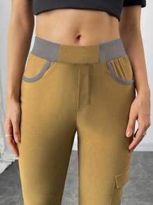 EMERY ROSE Women's Contrast Color Pockets Lace Up Bowknot Casual Versatile 7/8 Length Pants