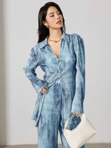 Heiryn مجموعة قميص وبنطلون 2 قطعة للنساء مطبوع بطراز التعتيق الأنيق