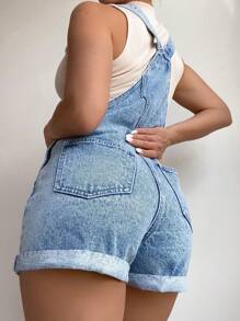 SHEIN ICON Plus Size Distressed Denim Bib Overall Romper , Fashionable For Summer