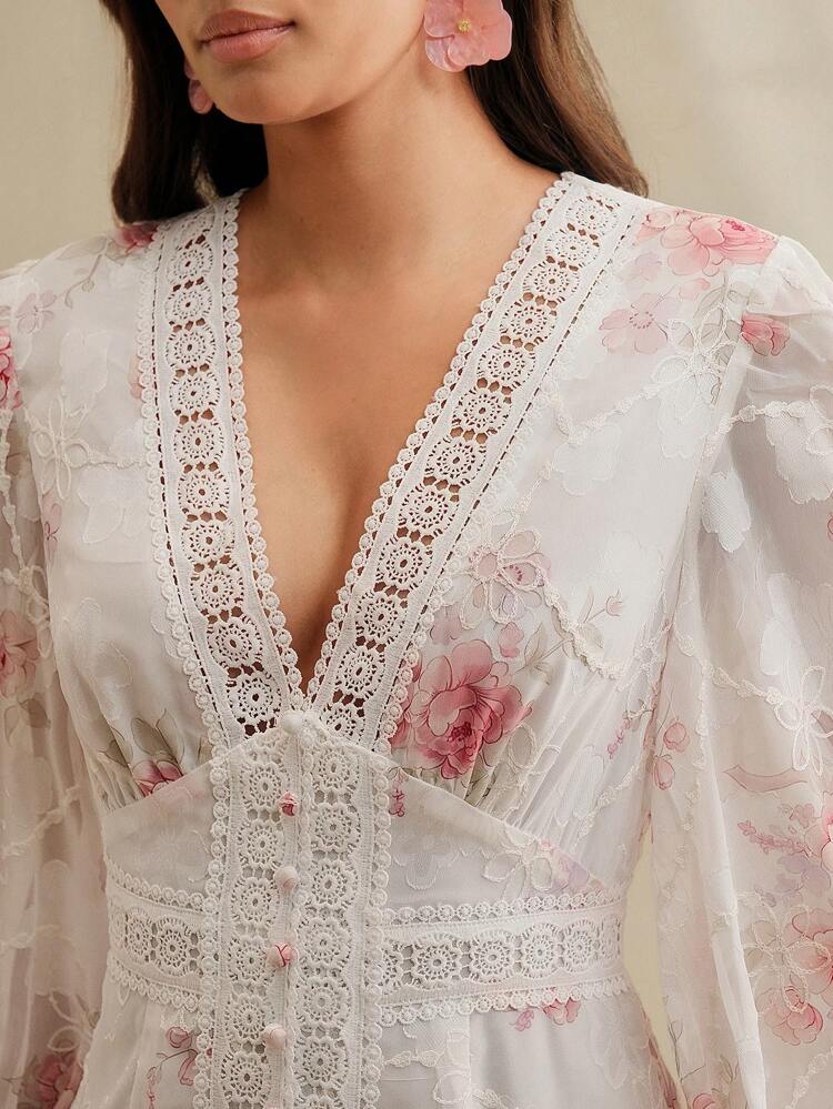 Long White Floral Dress For Women Elegant Woven Maxi Dress With Long Sleeves And V Neck