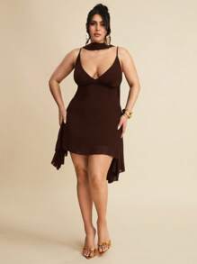 SHEIN BAE Vestito mini elegante in nero tinta unita con scollo a V profondo e nastro, adatto per appuntamenti quotidiani, uscite serali, discoteche, feste, raduni, cocktail festa, tute da vacanza, feste in piscina, abbigliamento da ufficio, abiti da pendolare