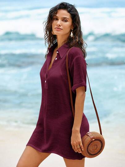 Swim Lushoire Beach Vacation Outfits Women Summer Polo Collar Half Sleeve Casual Holiday Beach Solid Woven Swimsuit Cover Up