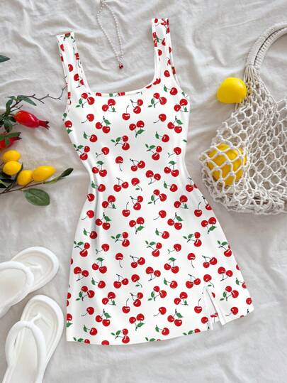 Soleia Women's Casual U-Neck Backless Side Slit Fitted Mini Dress Suitable For Summer, Cherry Print Beach Wear Suitable For Going Out Chic Dress