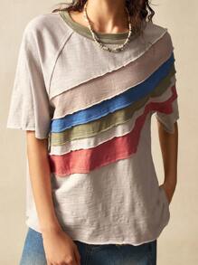 Bohemela Lässiges Colorblock-Rundhals-Raglan-Kurzarm-T-Shirt für Damen