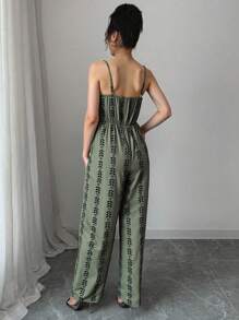 Elenzga Bộ đồ liền thân in họa tiết tối giản dành cho nữ - xanh quân đội - Xem 2