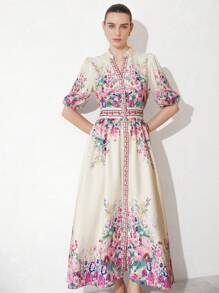 Aveloria Modichic 优雅复古别致女士浪漫度假奢华高端设计花卉印花领泡泡袖收腰修身 A 字裙 - 彩色 - 查看 4