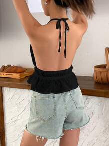 INAWLY 女士夏季純色前扣綁帶連領露背背心上衣 - 黑色 - 查看 2