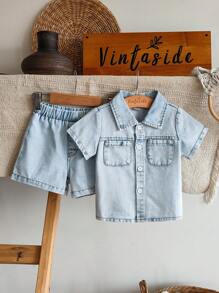 SHEIN Vintaside Kids 男宝宝夏季翻领短袖时尚百搭水洗牛仔衬衫搭配休闲简约水洗牛仔短裤两件套 - 淺色水洗藍 - 查看 4