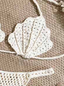 Soleia 全新贝壳风格针织比基尼套装，适合节日、钩针编织、可爱、卡哇伊露肩圣诞节上衣，适合学校返校服装，女士返校秋季服装，哥特女装，俱乐部服装，女士性感万圣节服装，俱乐部连衣裙，外出服装，音乐会服装，乡村音乐会服装 - 杏色 - 查看 3