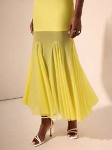 Zivah 2025 春夏新款波西米亚音乐节乡村休闲假日海滩派对浪漫复古千禧年 Y2K 可爱甜美性感黄色修身露肩弹力针织下摆网眼透视美人鱼长裙女 - 黃色 - 查看 5