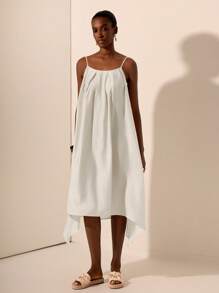 Zivah Off-White 夏季優雅度假風亞麻 A 字中長洋裝，無袖飄逸度假風，適合音樂祭、婚禮賓客、波希米亞休閒街頭穿搭 - 杏色 - 查看 4