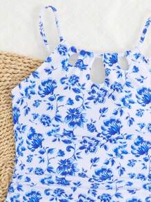 SHEIN Girls Big Kids (8-14 Years) Blue White Floral Print One-Piece Swimsuit Sets With Wrap Skirt Cutout Bathing Suit Quick Dry Swimwear For Beach Pool