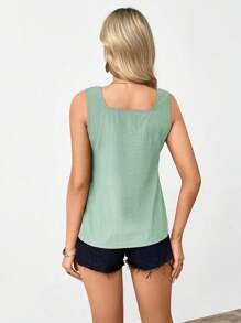 EMERY ROSE Summer Grayish Green Casual Sleeveless Shirt With Square Neckline Spring Clothes - Green - View 2