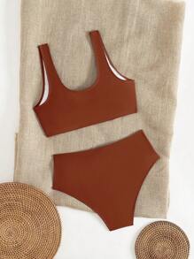 Swim Chiccia 2 Pieces Women's Elegant Vacation Metallic Shell High Waist Tummy Control Solid Color Bikini Set, Summer 2025 New Arrival - Coffee Brown - View 5