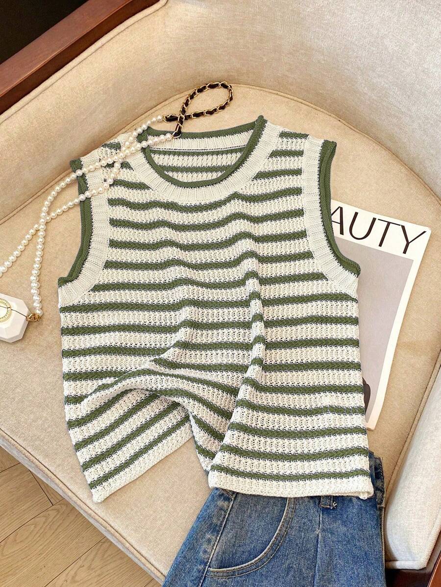 Franclia 全新复古撞色条纹针织无袖背心，时尚短款女式毛衣开衫 - 軍綠色 - 查看 1
