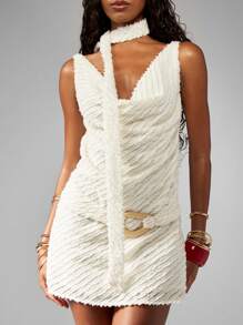 MISSGUIDED Textured Faux Fur Mini Dress Holiday Party Winter Clubwear Choker Neck Statement Halter Sleeveless Bodycon Evening Wedding Guest Occasion Dress - Apricot - View 5