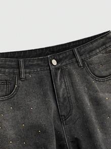 ROMWE MEN Spring/Summer Casual Men'S Street Life Flare Jeans With Pockets And Rhinestone Decor - Black - View 3