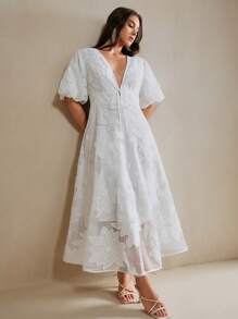 Anewsta 大码女式花卉装饰中袖 V 领中长连衣裙，优雅百搭的鸡尾酒会礼服 - 白色 - 查看 1