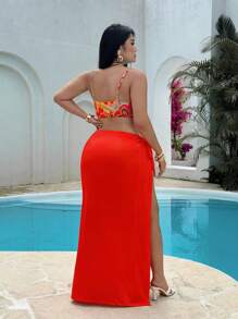 Flirla Plus Size Women 2pcs Set Summer Beach Tropical Print Bikini Top & Solid Color Tie Side Maxi Skirt, Suitable For Ladies Vacation