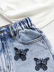 Tween Girls' Summer Casual Light Blue Denim Shorts,Back-To-School Retro Y2K Butterfly Embroidery A-Line Shorts For School,Holiday,Daily Wear,8-12Y - Light Wash - View 3