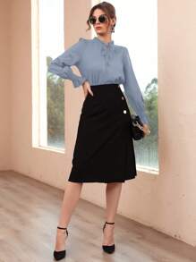 Seusyu Burgundy Red Women's Casual Solid Color Ruffled Sleeve Blouse, Spring And Autumn Fall Cloth For Women - Blue - View 4