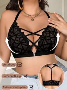 SHEIN 1pc Plus Size Front Open Hook Lace Bralette, Wireless, Lift Lingerie Bra - Black - View 5