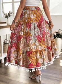 SHEIN Maternity Multilayer Cake Print A-Line Tassel Hem Skirt - Multicolor - View 2