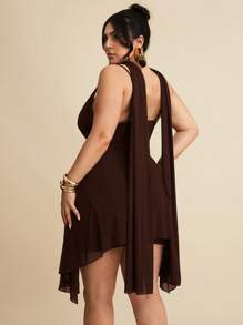 SHEIN BAE Vestito mini elegante in nero tinta unita con scollo a V profondo e nastro, adatto per appuntamenti quotidiani, uscite serali, discoteche, feste, raduni, cocktail festa, tute da vacanza, feste in piscina, abbigliamento da ufficio, abiti da pendolare
