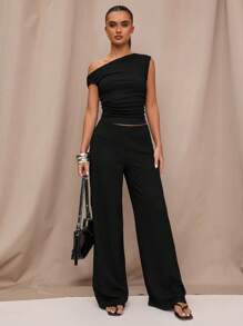 SHEIN BAE 2pcs Women Summer Coffee Color Asymmetric Asymmetrical Neck Jacquard Knitted Top And Loose Knitted Pockets Wide Leg Pants, Suitable For Stylish Outings, Beach Vacations, Italy Holidays, Going Out, Cruise Outfits, Brunch Outfits, Ibiza Outfits, Summer Sets - Black - View 1