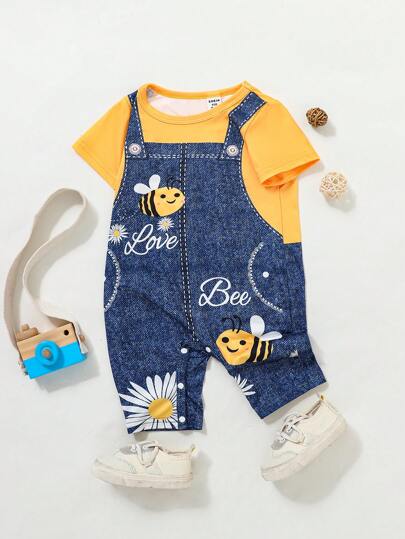 SHEIN Playful Pals Baby Boy Summer Casual Denim Effect Bee Printed Patchwork Short Sleeve Romper