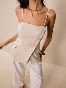 Poéselle 女式夏季纯色单排扣休闲吊带背心 - 杏色 - 查看 5