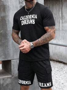 Manfinity LEGND Men Simple Printed Short Sleeve T-Shirt And Shorts 2 Pieces Set - Black - View 1