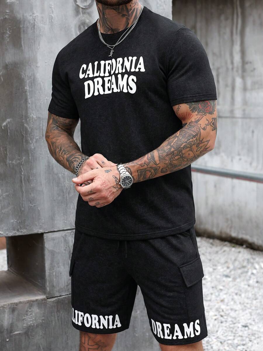 Manfinity LEGND Men Simple Printed Short Sleeve T-Shirt And Shorts 2 Pieces Set - Black - View 1