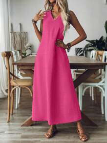 Breezaya 女式 V 领无袖纯色休闲宽松舒适连衣裙长款女装 - 玫紅色 - 查看 3