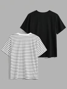 RueChic Men Cottonline 2pcs Multi Pack Striped Regular T-Shirts - Black and White - View 2