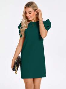 SHEIN LUNE Solid Puff Sleeve Keyhole Back Dress