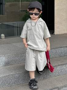 Dazy Kids 年轻男孩2件套 - 字母印花连帽衬衫+短裤，夏季服装 - 淺灰色 - 查看 6