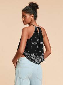 Travachic Vacation Woven Paisley Floral Women's Asymmetric Hem Halter Neck Tank Top - Black and White - View 2